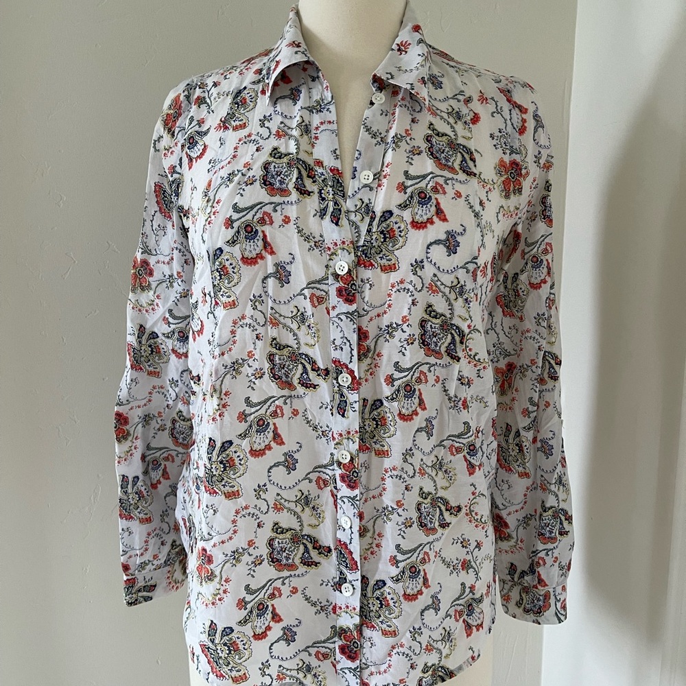 Joie Button Down Shirt XS White Floral Silk Cotton Blend Pintuck Top Blouse